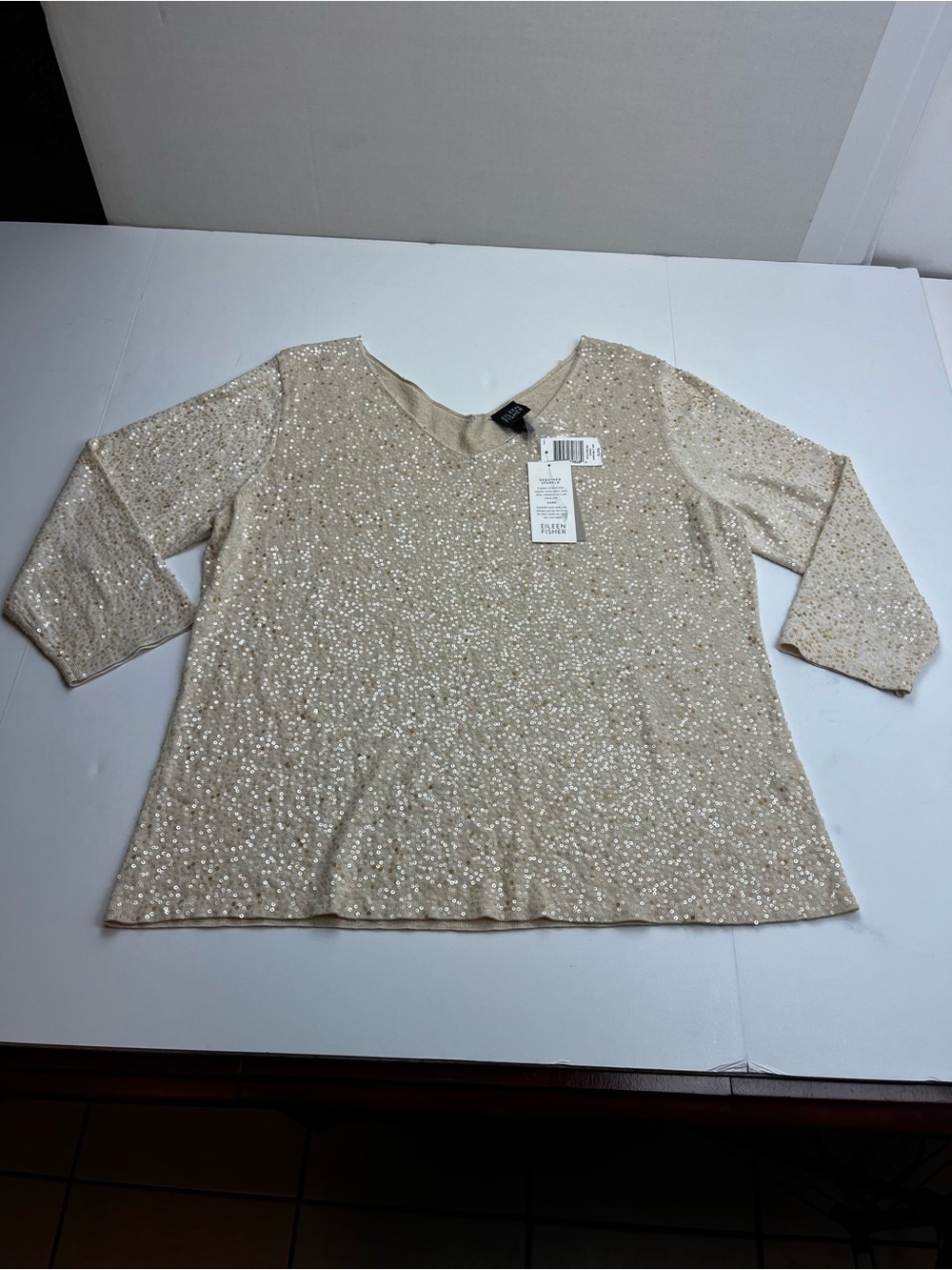 Eileen Fisher Silk Cotton Double V-neck Sequin Top Cream Stretch Womens XL NEW